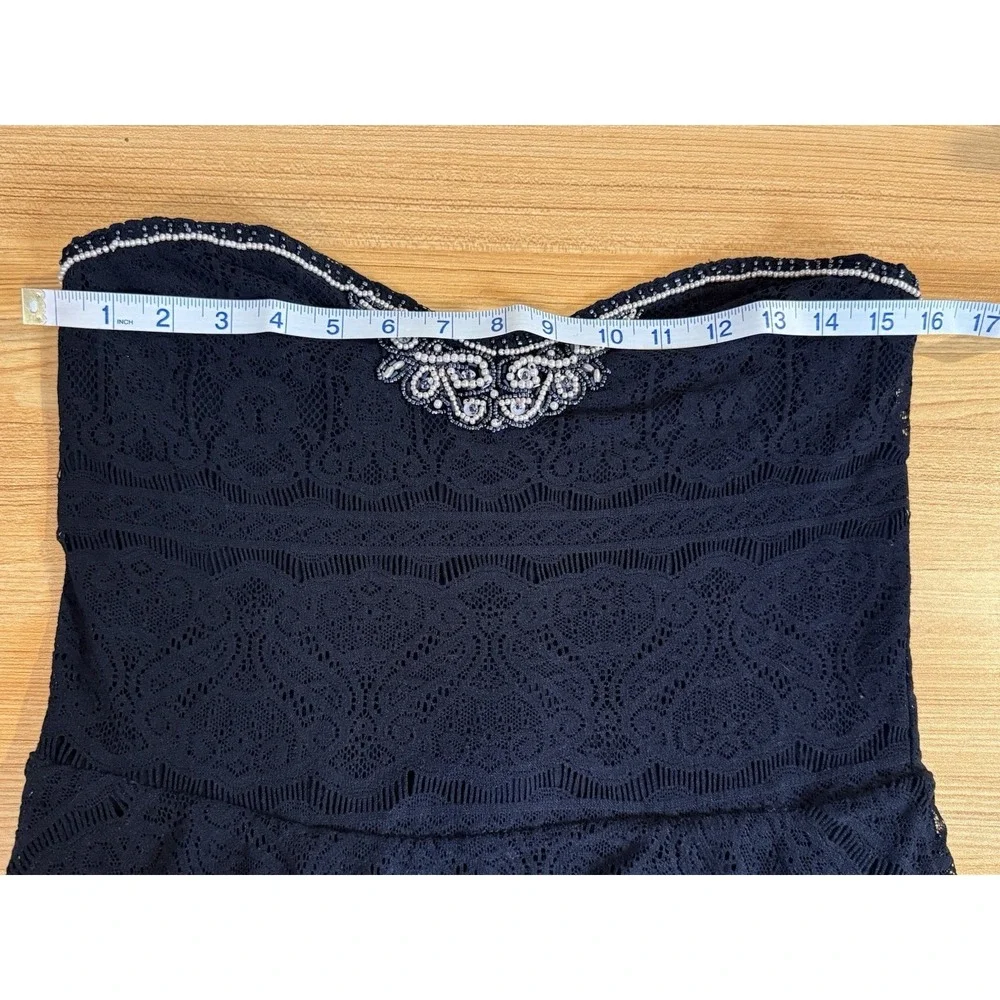Free People Strapless Black Lace beaded Mini Dress Witchy Dark Romance‎ Goth LG